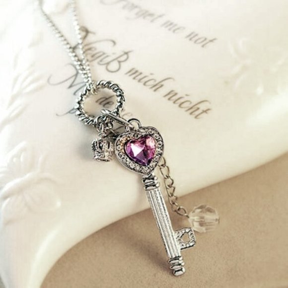 Silver Key Charm Necklace Purple Crystal - Picture 3 of 10